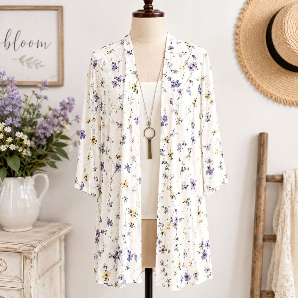 LOFT White Floral Print Kimono Top Size M/L Purple Yellow Blue 100% Modal